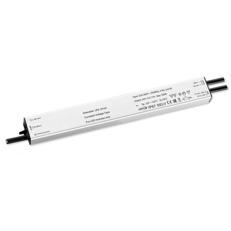 LED PWM-Trafo 24V/DC, 0-60W, Push/DALI-2 dimmbar, IP67, SELV, flach, ultraschmal