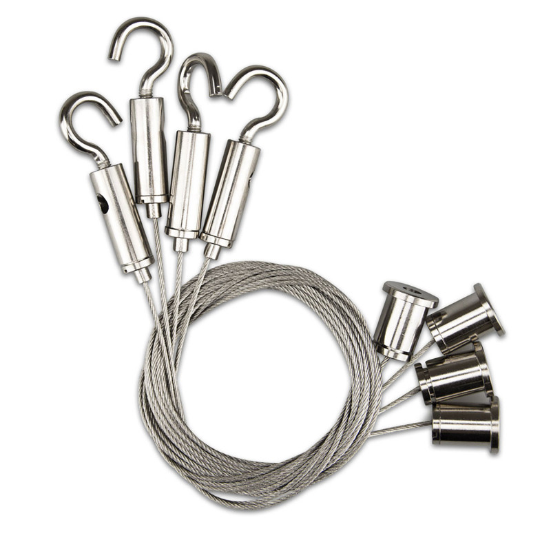 Seilabhängung (4 Stk) mit Deckenverschraubung und Gegenstück mit Haken inkl. Stahlseile 1.000mm