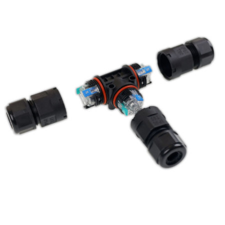 Kabel T-Verbinder IP67, 3-polig 0.75-2.5mm² mit Federklemme, max. 250V 16A, Manteldm. 6,5-11mm