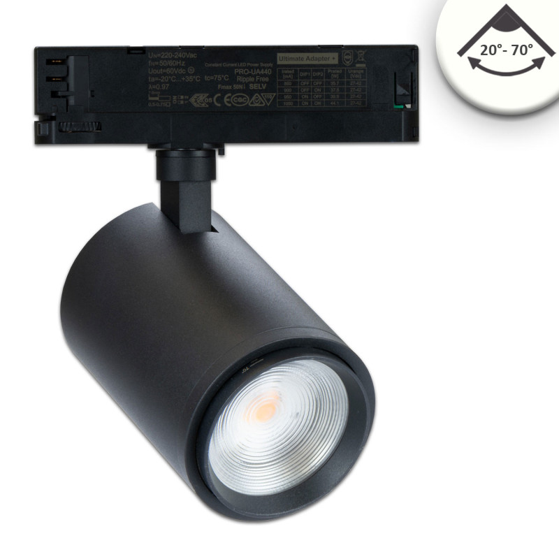 3-Phasen Schienenstrahler Vollspektrum fokussierbar, 42W, 20°-70°, schwarz matt, 4000K