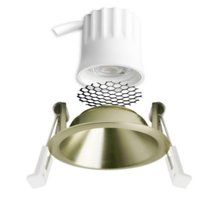 LED Einbaustrahler BACK45, messing geb., rund, 5W, CRI90, 3000K, rückversetzt, Honeycomb, dimmbar