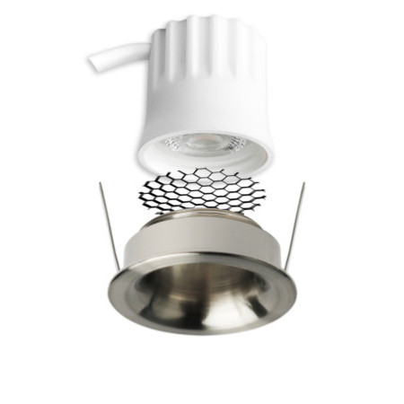LED Einbaustrahler BACK32, nickel geb., rund, 5W, CRI90, 3000K, rückversetzt, Honeycomb, dimmbar