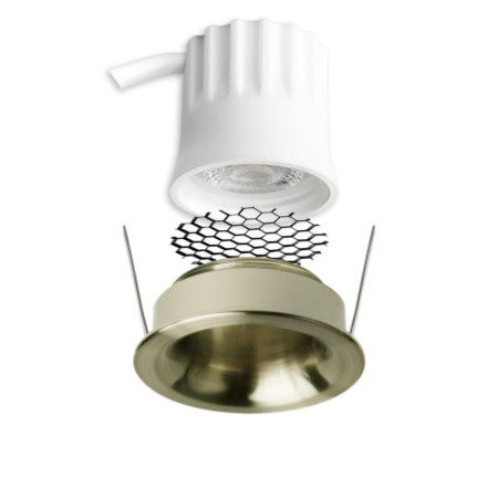 LED Einbaustrahler BACK32, messing geb., rund, 5W, CRI90, 3000K, rückversetzt, Honeycomb, dimmbar
