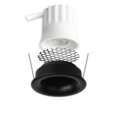 LED Einbaustrahler BACK32, schwarz matt, rund, 5W, CRI90, 3000K, rückversetzt, Honeycomb, dimmbar