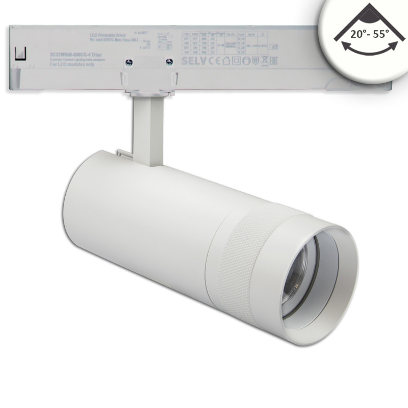 3-Phasen Schienenstrahler fokussierbar, 24W, 20°-55°, weiß matt, 4000K, dimmbar