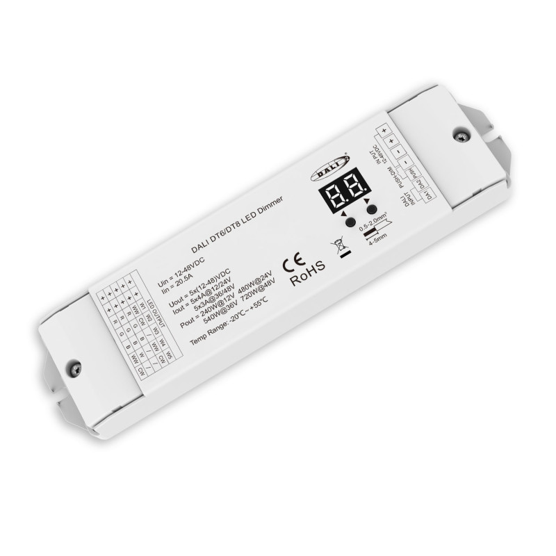 DALI-2 DT6 5 Adressen / DT8 5-Kanal 1 Adresse Multi-PWM Dimmer, 12-24V 5x4A, 36-48V 5x3A