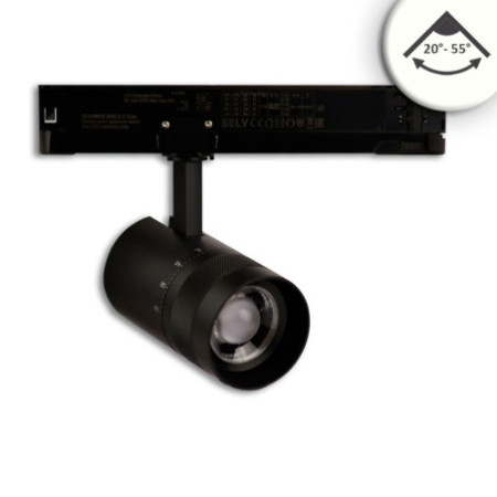 3-Phasen Schienenstrahler fokussierbar, 12W, 20°-55°, schwarz matt, 4000K, DALI dimmbar