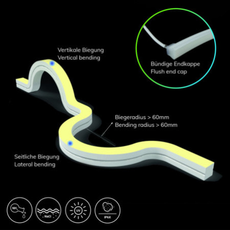 LED NeonPRO935 Custom Flexband Twist+Bend B16H16, 24V DC, 10W, IP67, 3500K, 140 LED/m, inkl. Clips