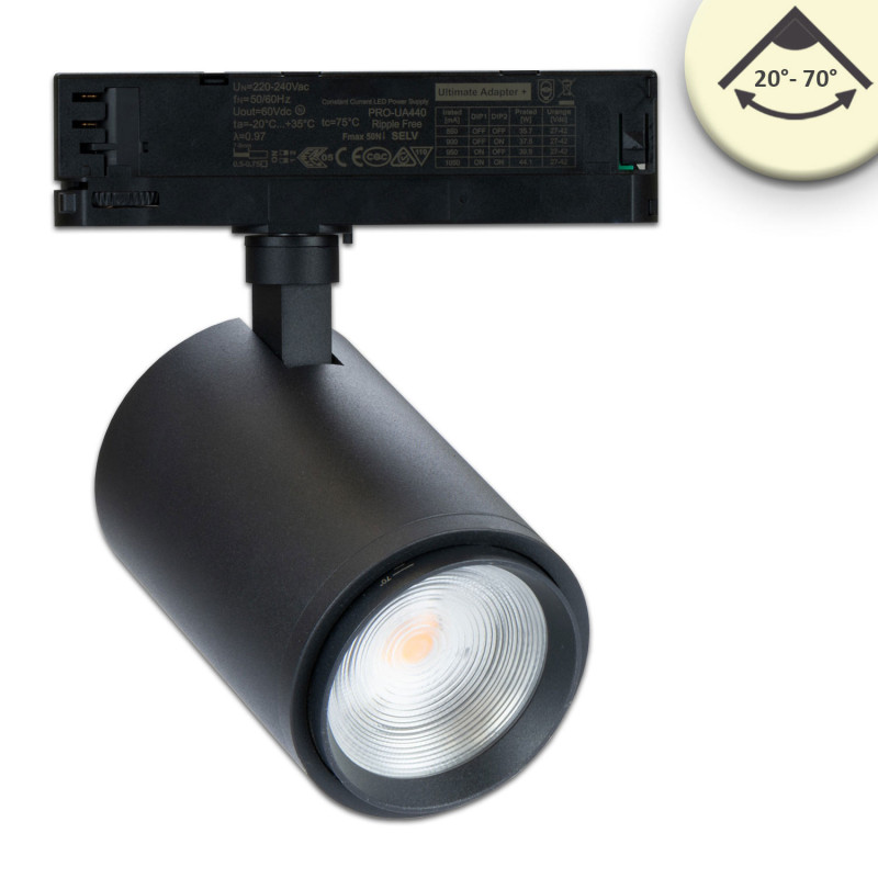 3-Phasen Schienenstrahler fokussierbar, 42W, 20°-70°, schwarz matt, 3500K, CRI92